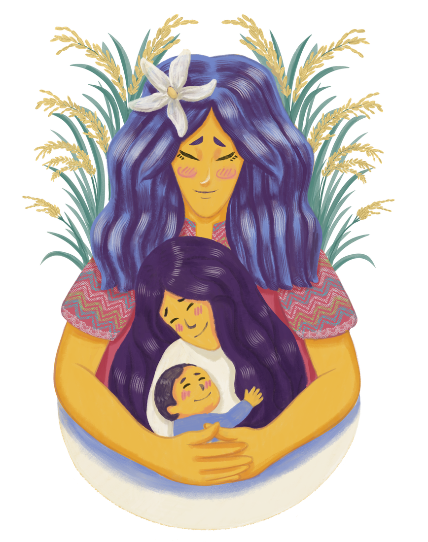 Illustration of Luna cradling a mother and her baby in a crescent moon
